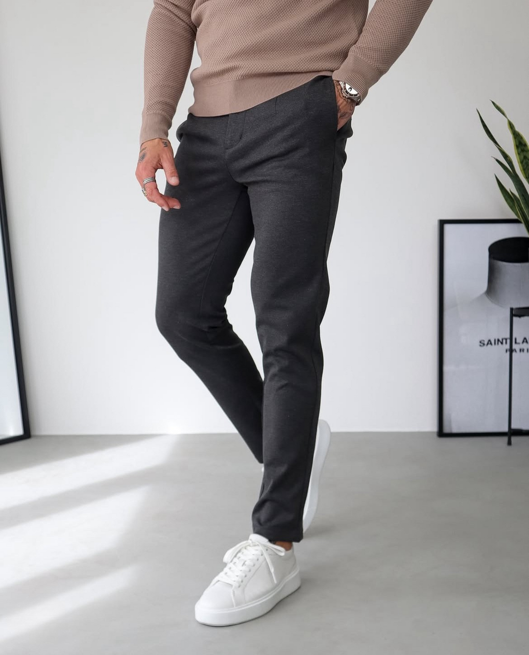 Men's Slim Fit Tailored Trousers Stretch Welt Pockets 1