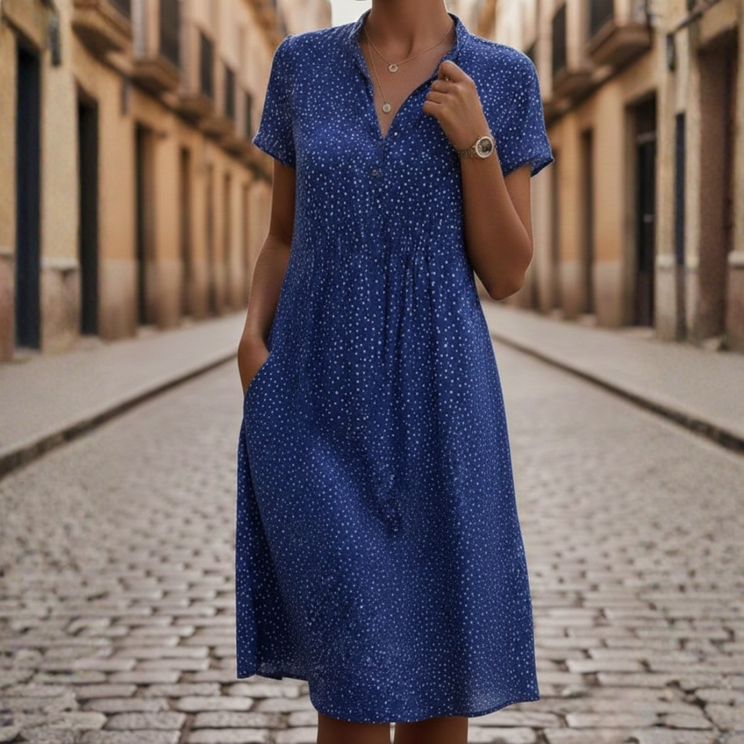 Abito a Camicia a Pois Maniche Corte Scollo a V Donna 0