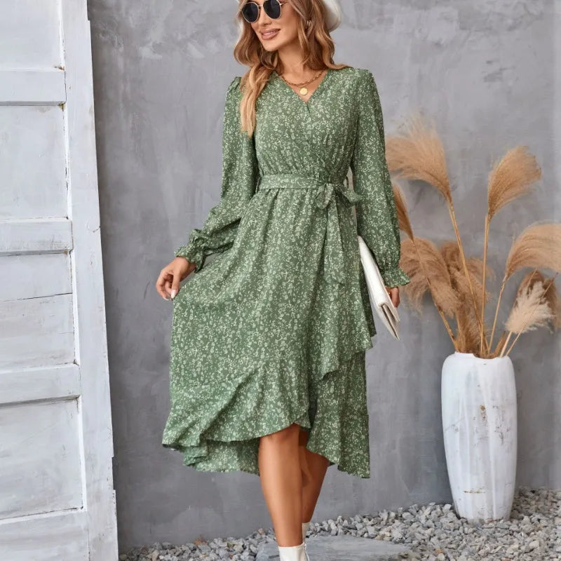 Abito Donna Floreale | Stampa Ditsy & Cintura con Orlo Asimmetrico a Ruffle