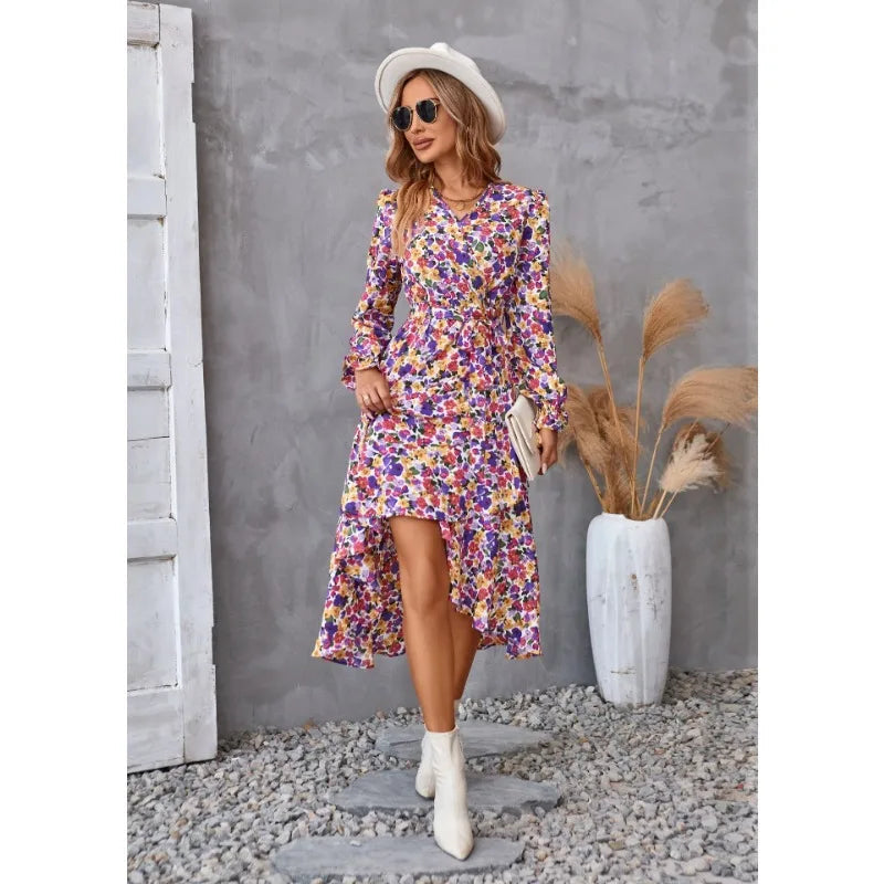 Abito Donna Floreale | Stampa Ditsy & Cintura con Orlo Asimmetrico a Ruffle
