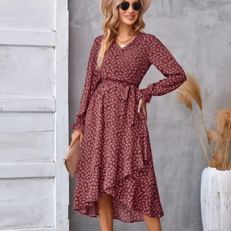 Abito Donna Floreale | Stampa Ditsy & Cintura con Orlo Asimmetrico a Ruffle