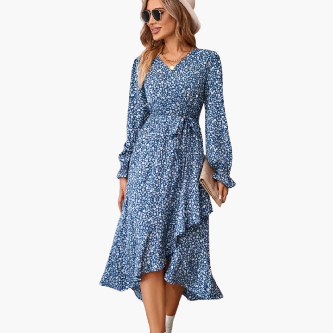 Abito Donna Floreale | Stampa Ditsy & Cintura con Orlo Asimmetrico a Ruffle