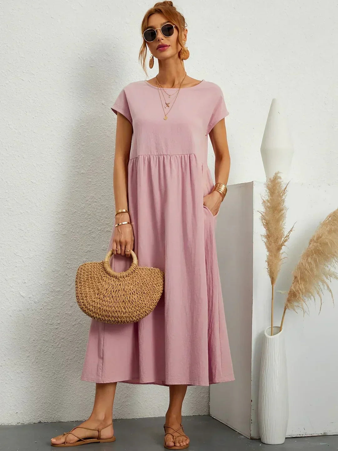 Abito Donna | Lungo Casual con Vita Arricciata & Tasche Laterali