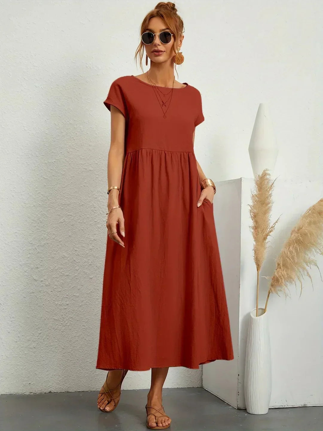 Abito Donna | Lungo Casual con Vita Arricciata & Tasche Laterali