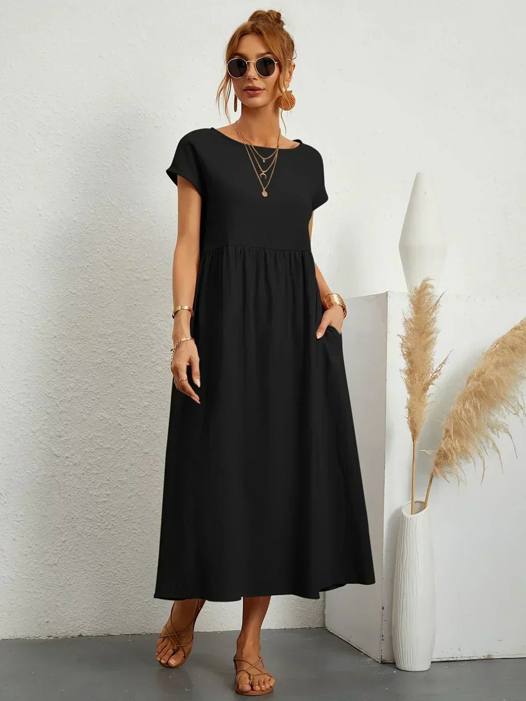 Abito Donna | Lungo Casual con Vita Arricciata & Tasche Laterali