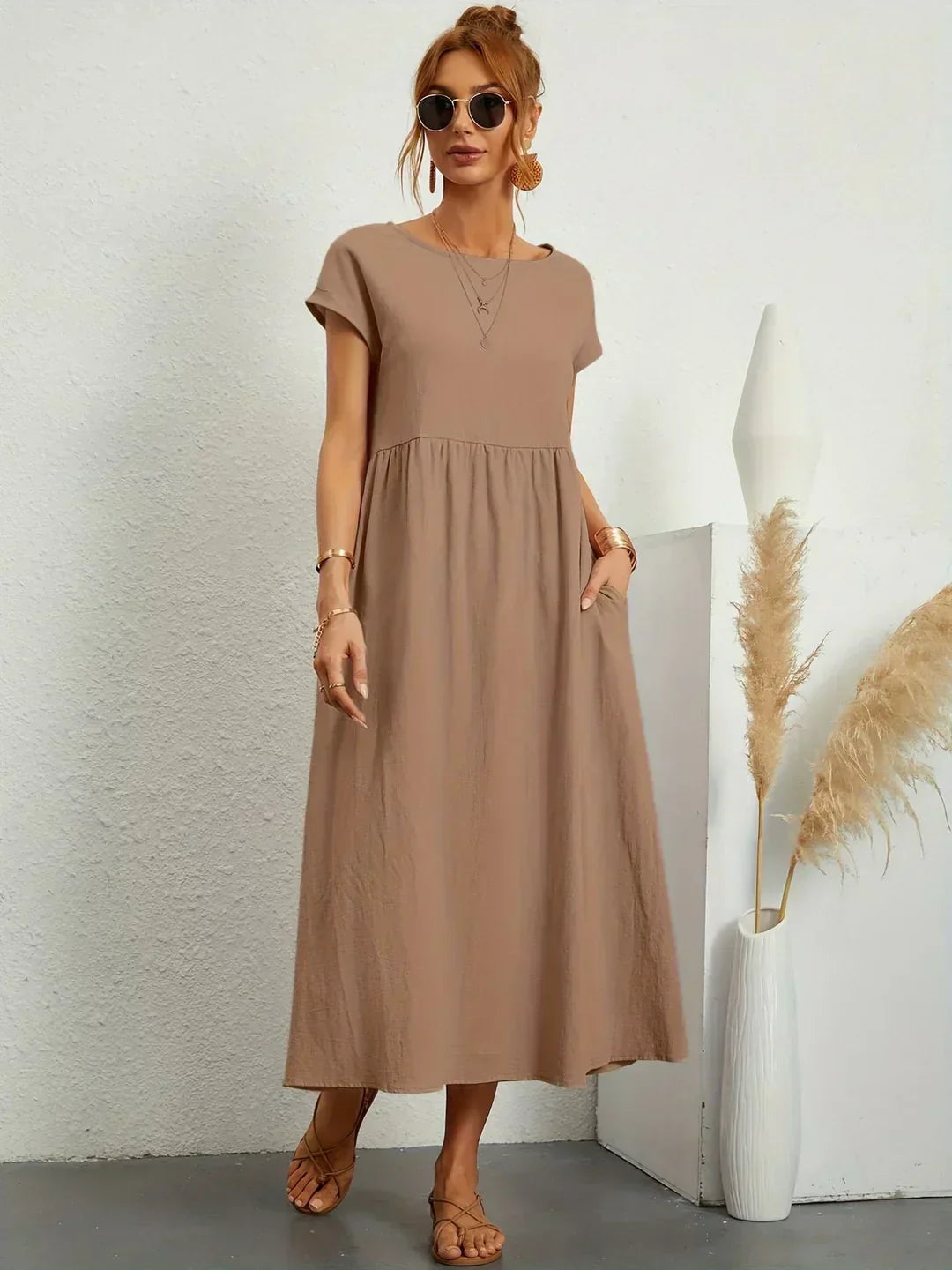 Abito Donna | Lungo Casual con Vita Arricciata & Tasche Laterali