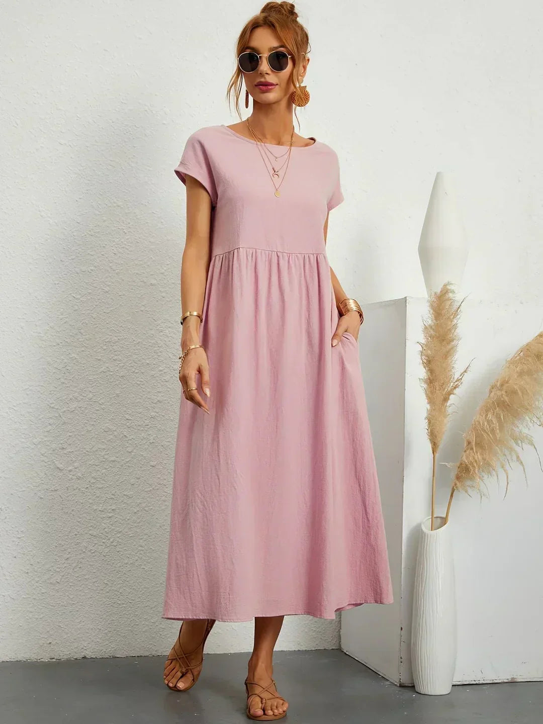 Abito Donna | Lungo Casual con Vita Arricciata & Tasche Laterali