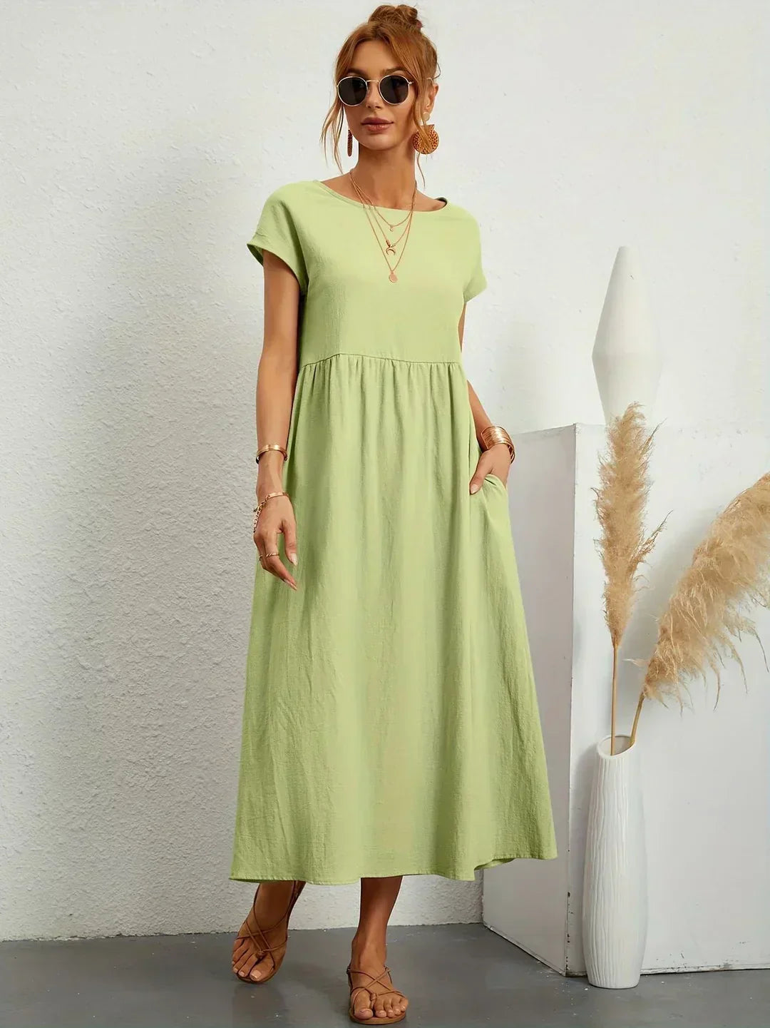 Abito Donna | Lungo Casual con Vita Arricciata & Tasche Laterali