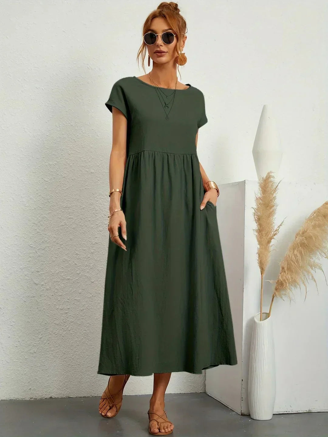 Abito Donna | Lungo Casual con Vita Arricciata & Tasche Laterali