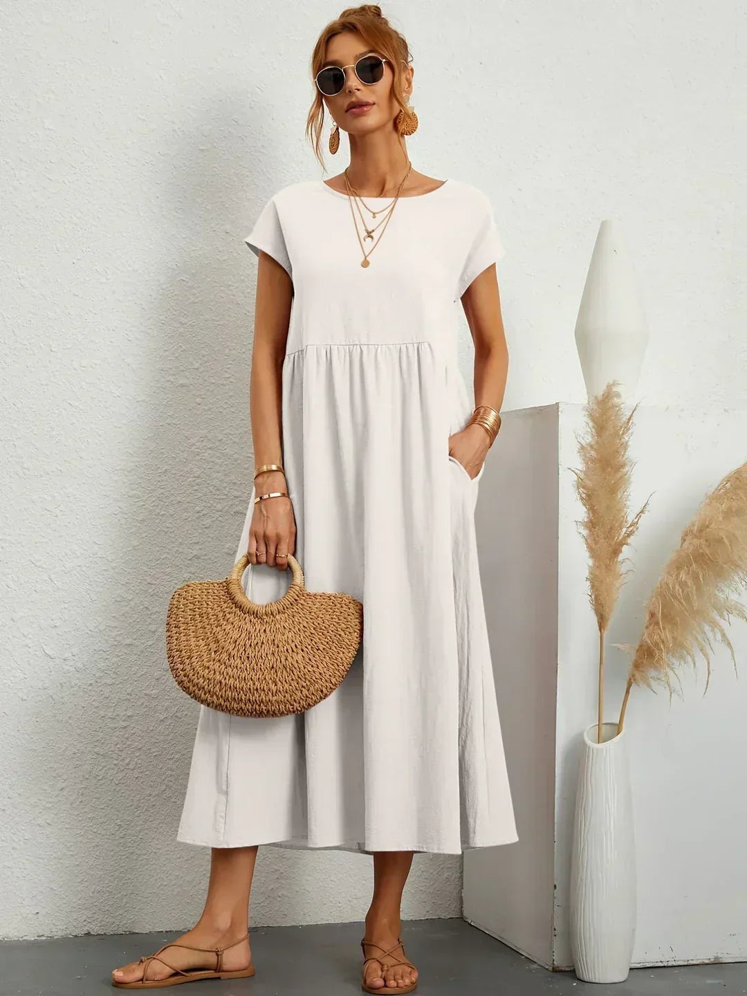 Abito Donna | Lungo Casual con Vita Arricciata & Tasche Laterali