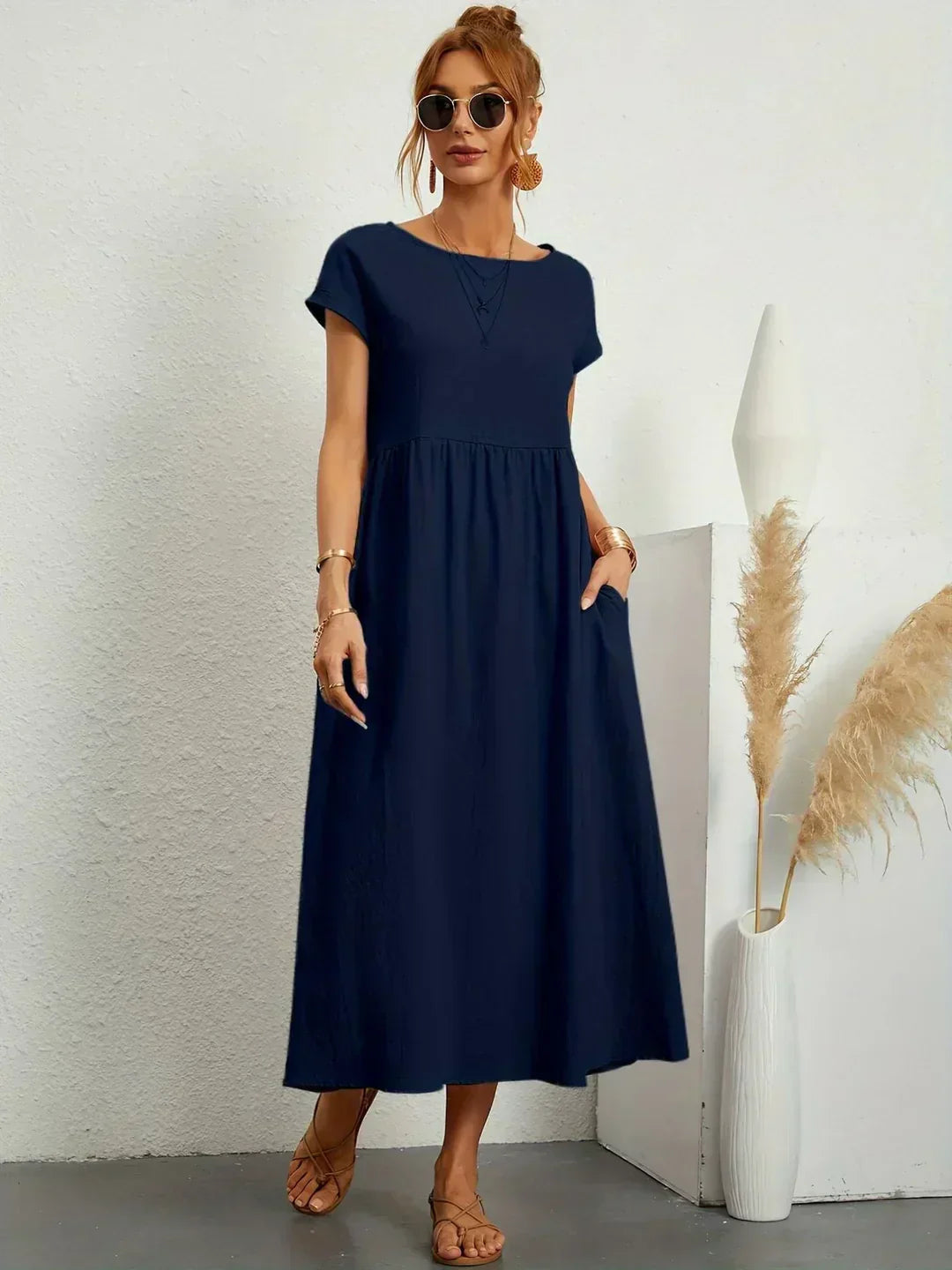 Abito Donna | Lungo Casual con Vita Arricciata & Tasche Laterali