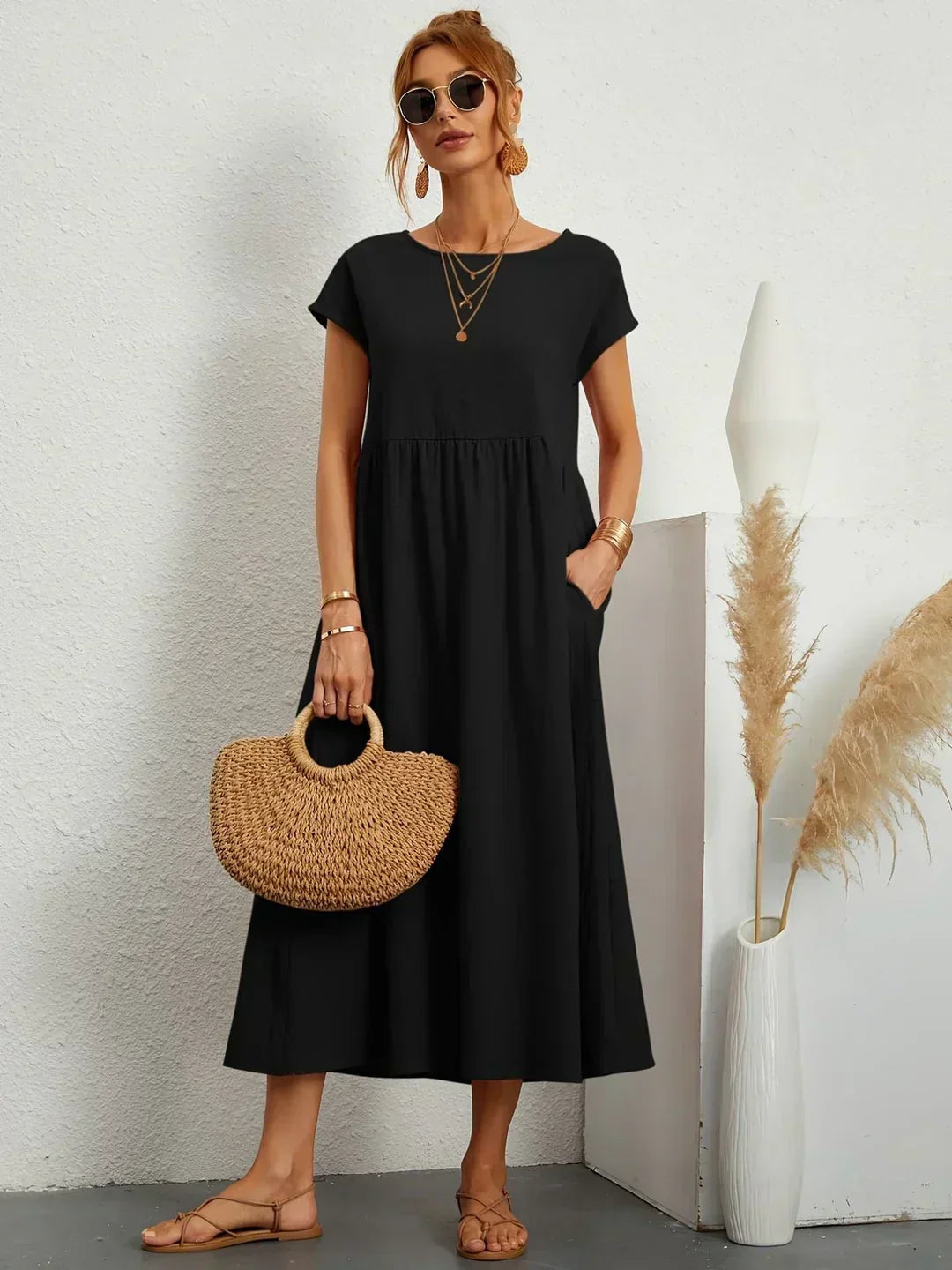 Abito Donna | Lungo Casual con Vita Arricciata & Tasche Laterali