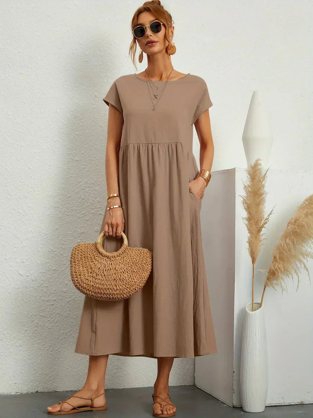 Abito Donna | Lungo Casual con Vita Arricciata & Tasche Laterali