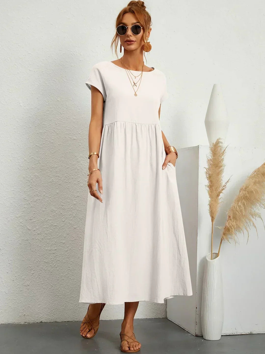 Abito Donna | Lungo Casual con Vita Arricciata & Tasche Laterali