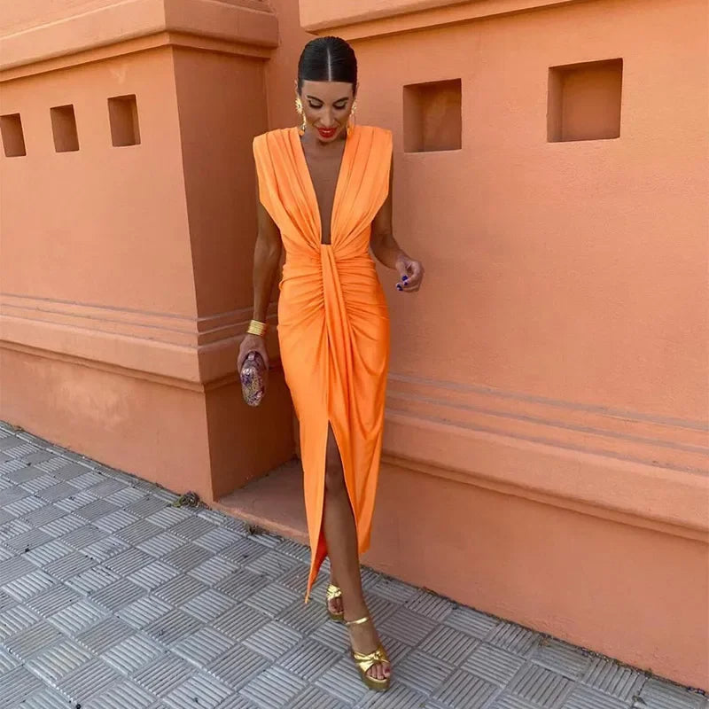 Abito Donna | Lungo Elegante con Drappeggio & Spacco
