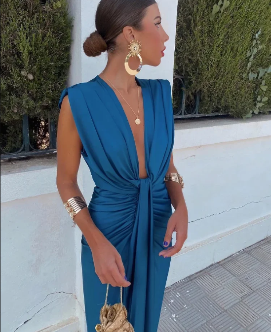Abito Donna | Lungo Elegante con Drappeggio & Spacco