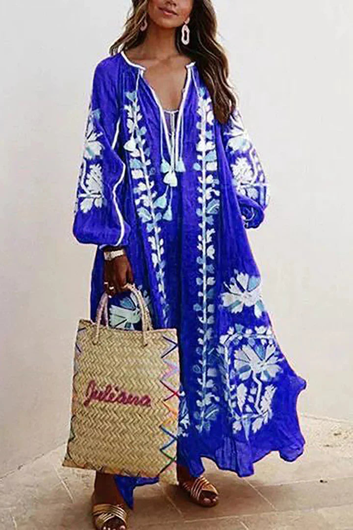 Abito Estate Donna | Ricamo Floreale Boho & Laccetto con Nappe