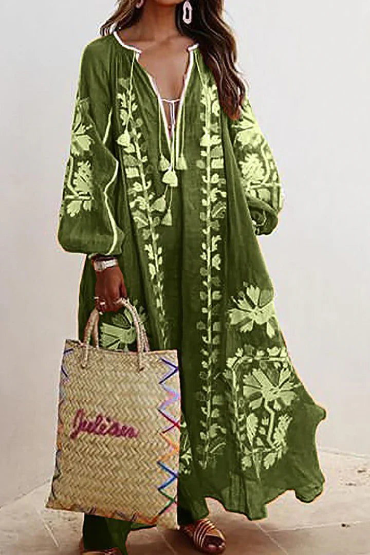 Abito Estate Donna | Ricamo Floreale Boho & Laccetto con Nappe