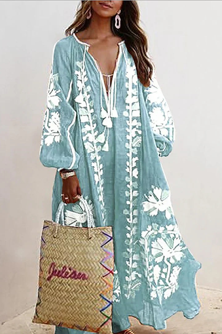 Abito Estate Donna | Ricamo Floreale Boho & Laccetto con Nappe