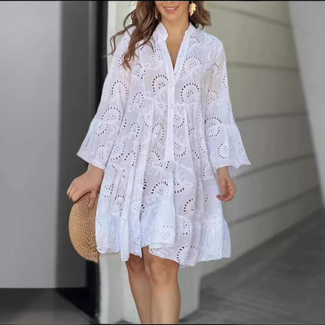 Abito Estivo Donna | Pizzo Sangallo Traforato & Maniche a Campana con Balza
