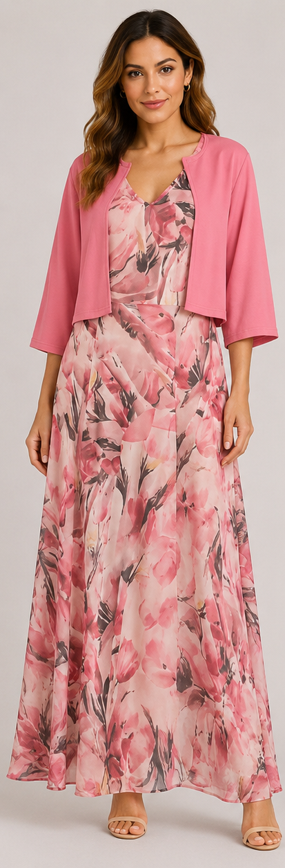 Abito lungo elegante da donna per occasioni speciali - Abito floreale con cardigan corto abbinato 0