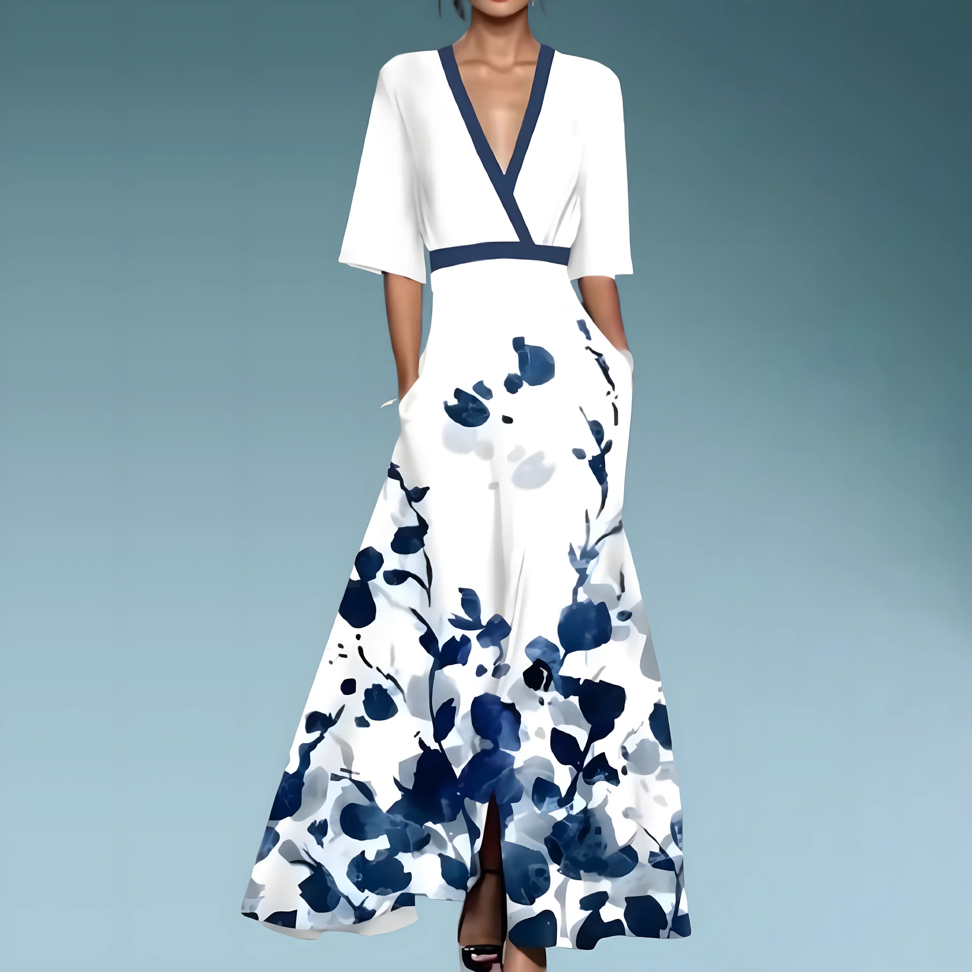 Abito Floreale Donna | Lungo con Scollo a V & Gonna a Ruota Maxi