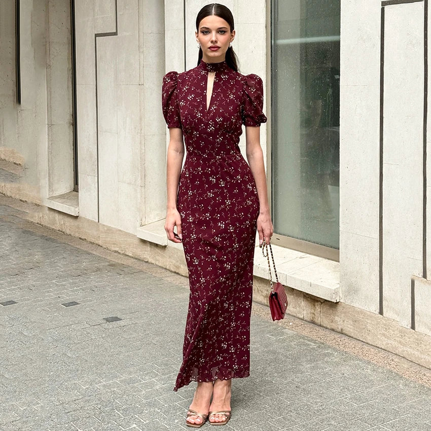 Abito Floreale Donna | Midi Aderente con Cut-Out & Maniche a Palloncino