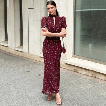 Abito Floreale Donna | Midi Aderente con Cut-Out & Maniche a Palloncino