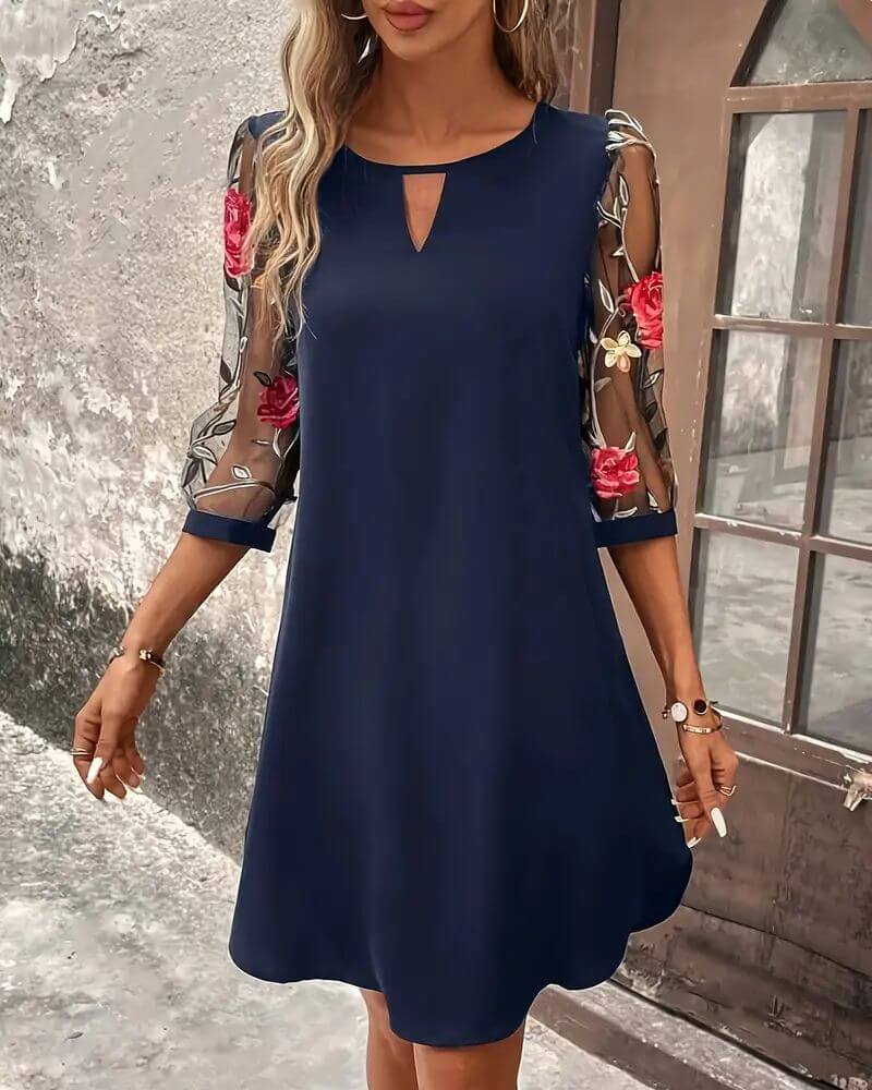 Abito Floreale Donna | Mini con Maniche in Tulle Ricamato & Cut-Out