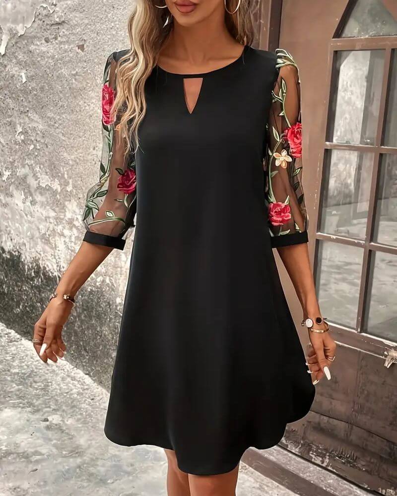 Abito Floreale Donna | Mini con Maniche in Tulle Ricamato & Cut-Out