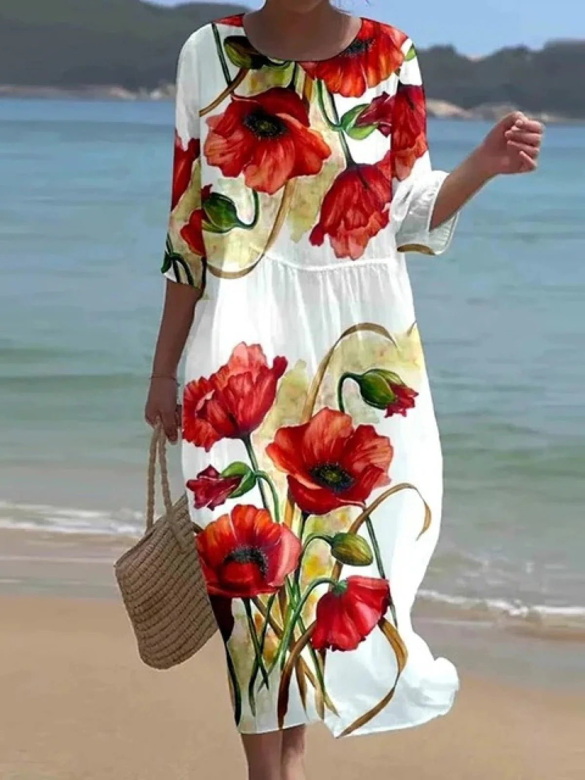 Abito Floreale Midi Donna | Stampa Rose & Vestibilità Comoda con Vita Elastica