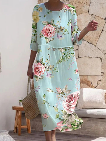 Abito Floreale Midi Donna | Stampa Rose & Vestibilità Comoda con Vita Elastica