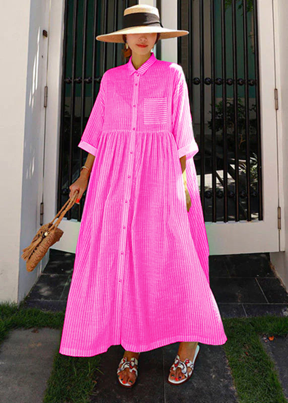 Abito Lungo Donna | Chemisier Oversize con Righe & Colletto