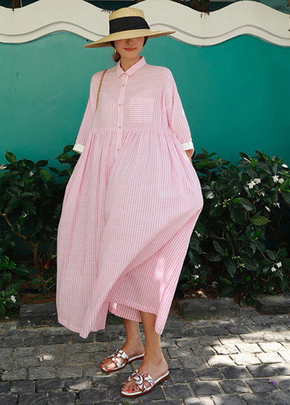 Abito Lungo Donna | Chemisier Oversize con Righe & Colletto
