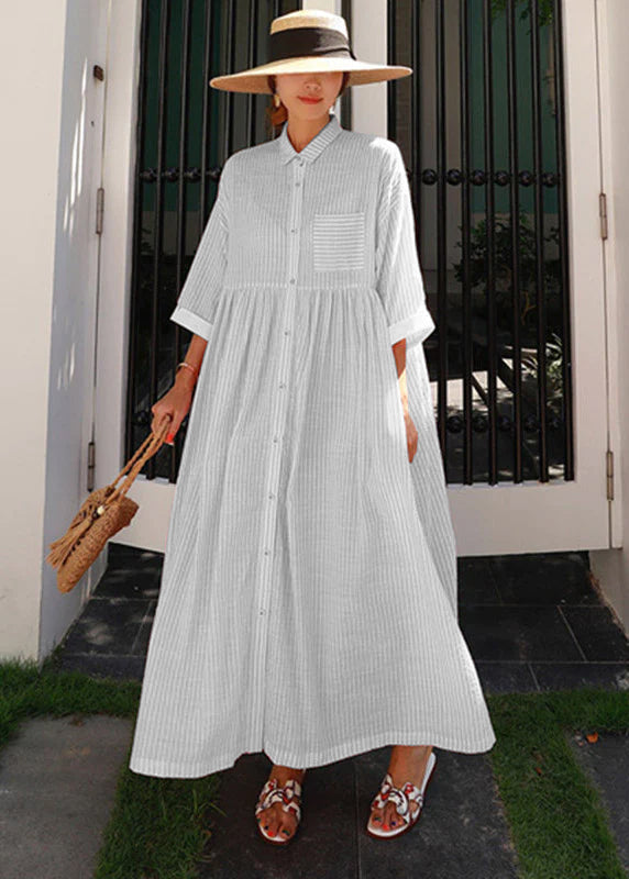 Abito Lungo Donna | Chemisier Oversize con Righe & Colletto