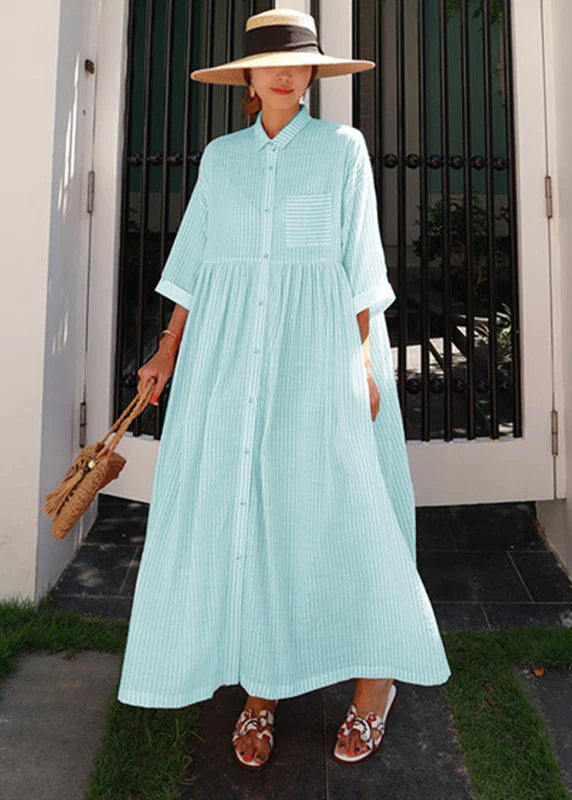 Abito Lungo Donna | Chemisier Oversize con Righe & Colletto