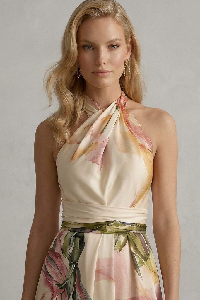 Abito Lungo Donna | Collo All'Americana Incrociato & Stampa Floreale