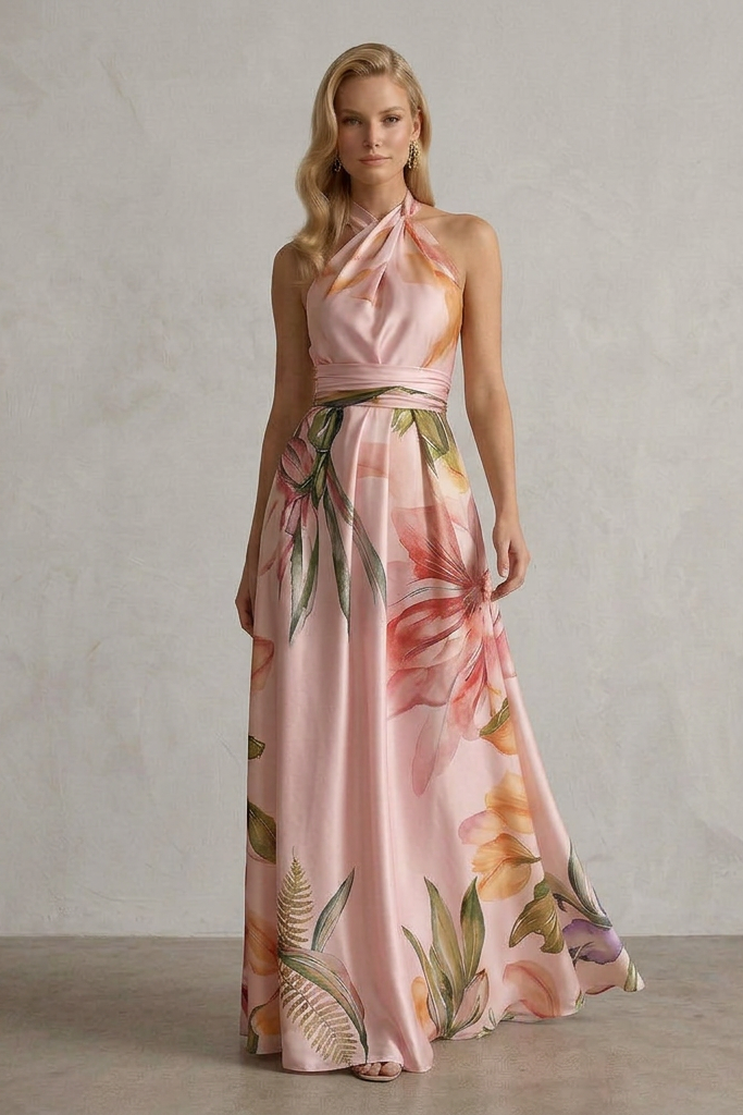Abito Lungo Donna | Collo All'Americana Incrociato & Stampa Floreale