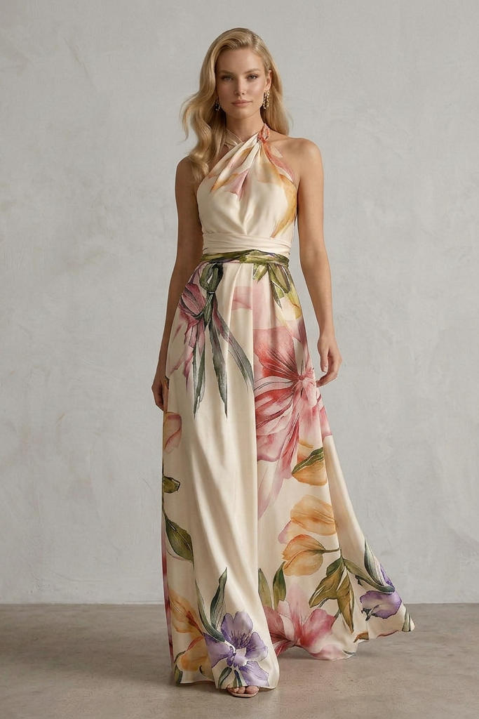 Abito Lungo Donna | Collo All'Americana Incrociato & Stampa Floreale