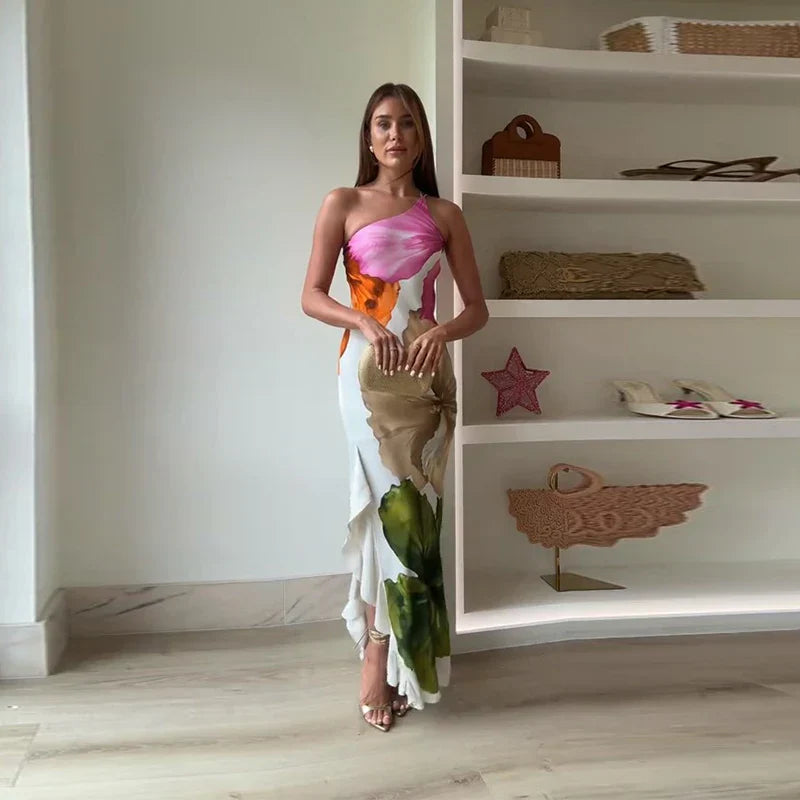 Abito lungo moderno alla moda con una spalla e motivo floreale per donna 0