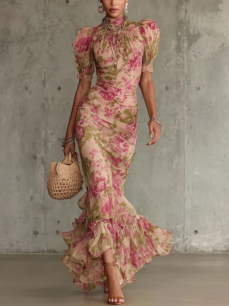 Abito Lungo Donna | Stampa Floreale Vintage & Maniche a Sbuffo