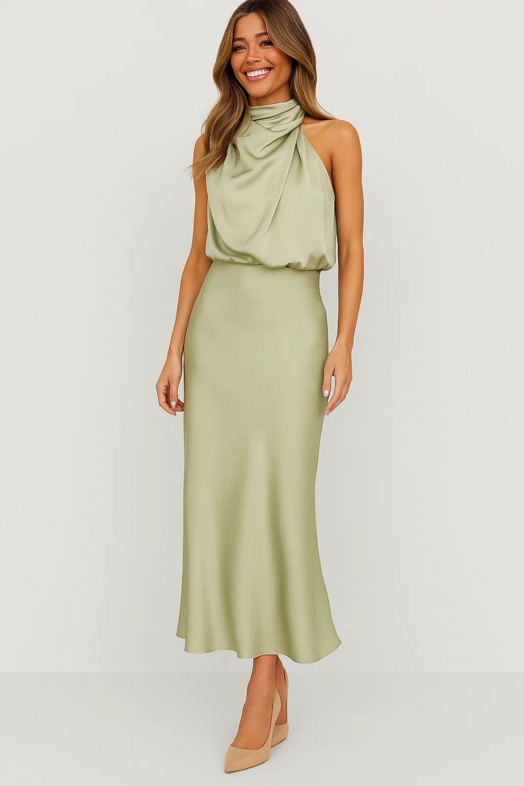 Abito Lungo Satinato | Collo Drappeggiato | Eleganza Moderna 5