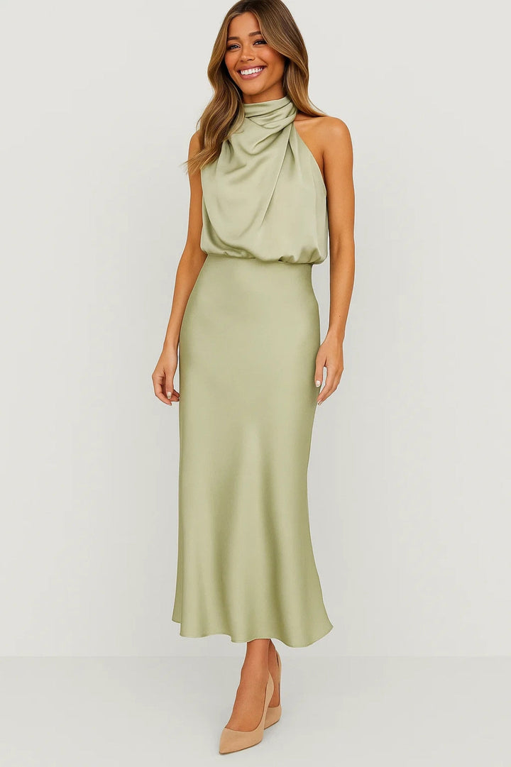 Satin Maxi Dress | Draped Neck | Modern Elegance
