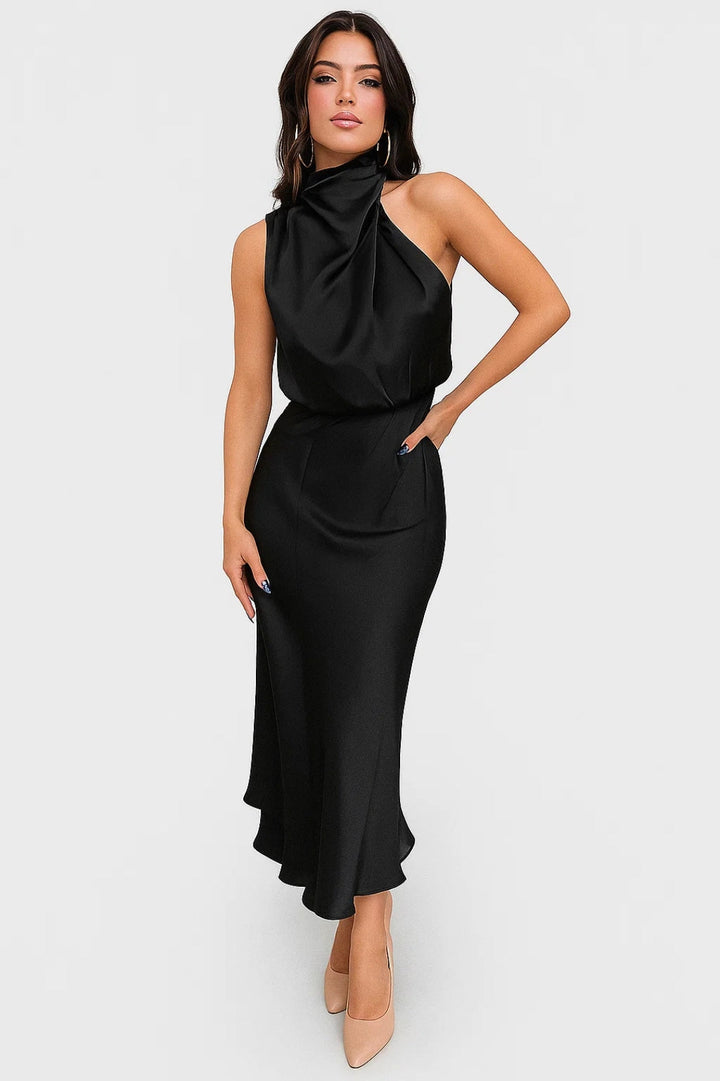 Satin Maxi Dress | Draped Neck | Modern Elegance
