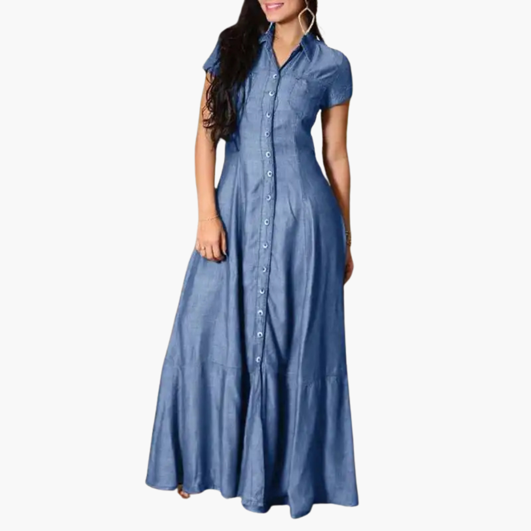Abito Maxi Donna | Denim Svasato & Chiusura a Bottoni con Colletto Camicia