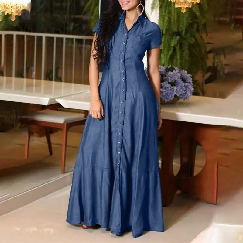 Abito Maxi Donna | Denim Svasato & Chiusura a Bottoni con Colletto Camicia