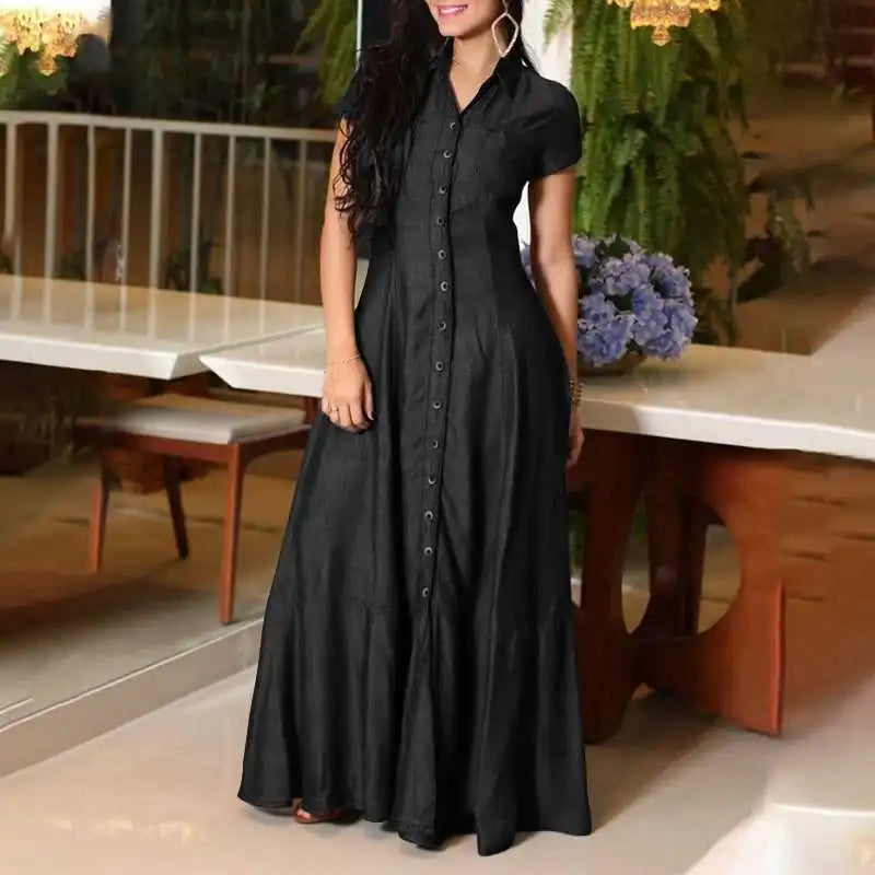 Abito Maxi Donna | Denim Svasato & Chiusura a Bottoni con Colletto Camicia