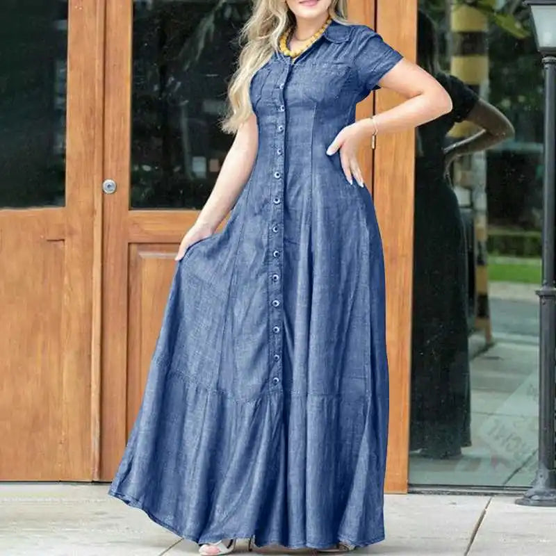 Abito Maxi Donna | Denim Svasato & Chiusura a Bottoni con Colletto Camicia