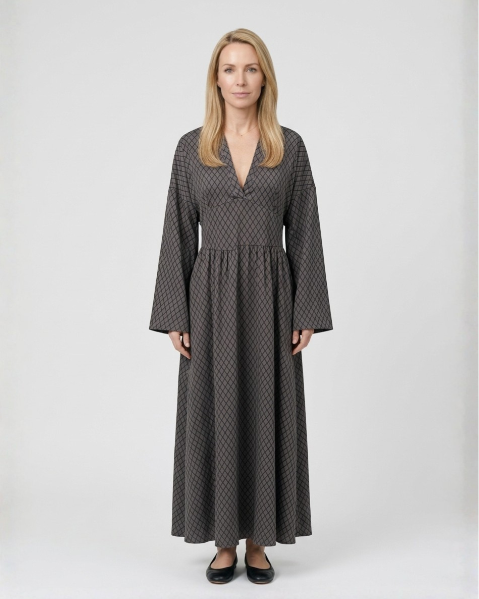 Women's Maxi Dress | Diamond Pattern & Tailored Bell Sleeves