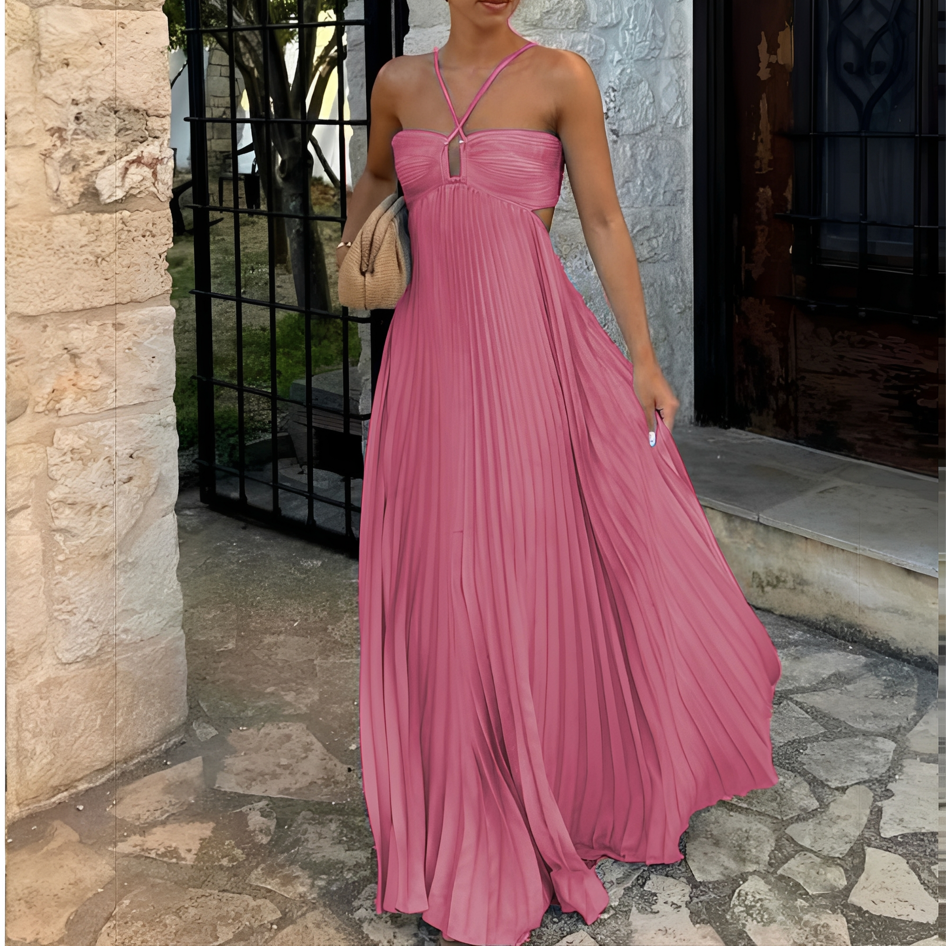 Abito Maxi Donna | Gonna Plissettata & Allacciatura al Collo Sensuale